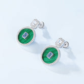 Round Shape Malachite Pendant Blue and White Zircon Sterling Silver Drop Earrings